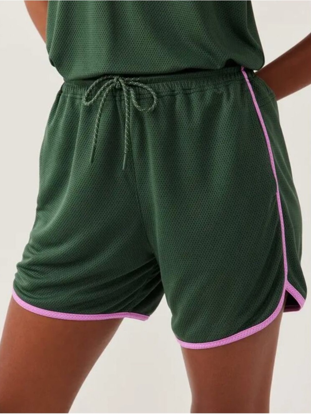 Outdoor Voices Women’s Forest Green Mesh Athletic Shorts with Pink Trim